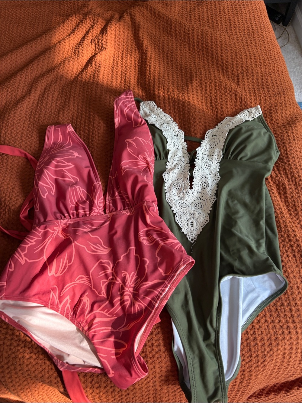 Cupshe size small Pink Floral One-Piece Swimsuit & Olive Crochet-Trim One-Piece